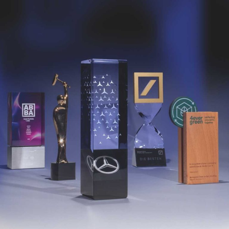 Verschiedene Trophäen und Auszeichnungen auf einem Tisch